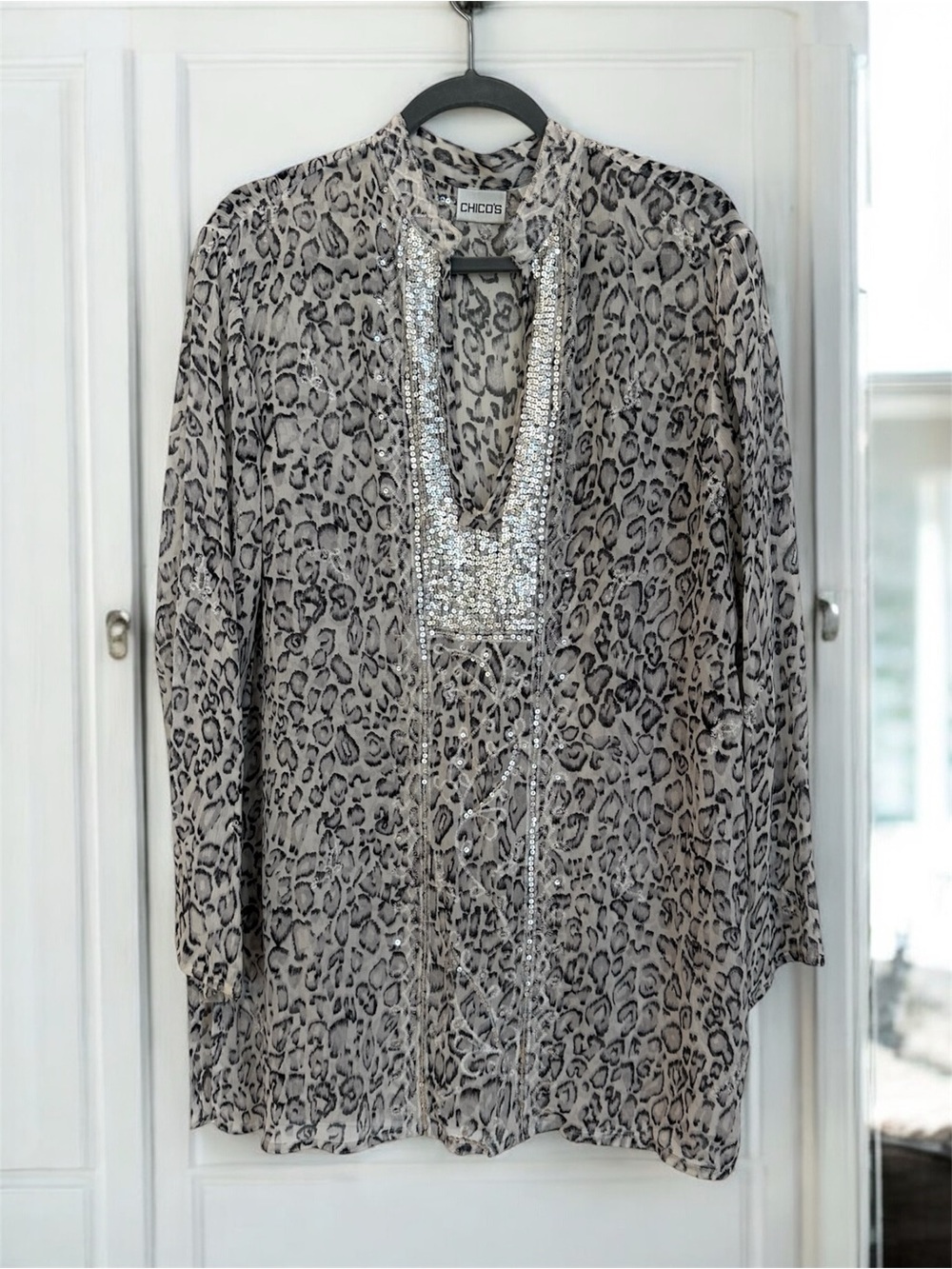 Chico's Black and White Silk Animal Print Blouse
